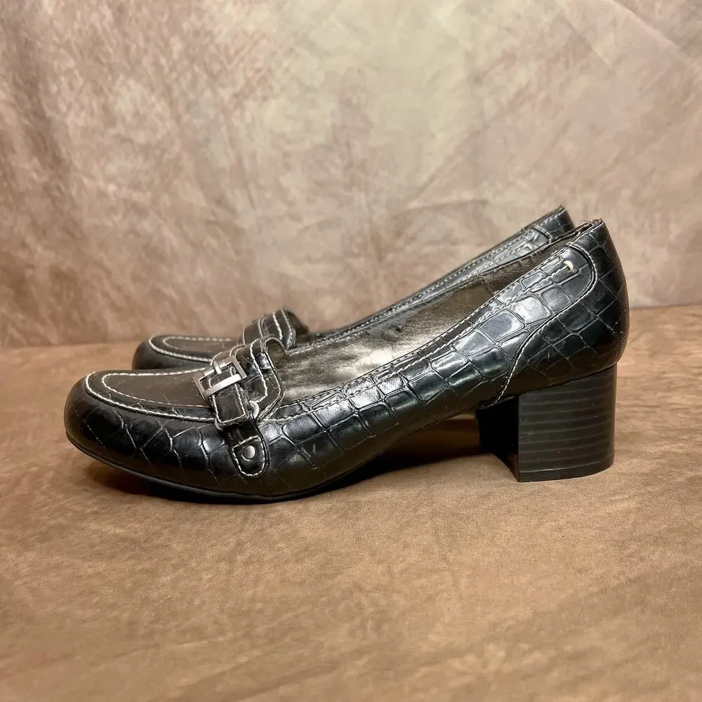 Naturalizer Mini Mary Jane Pumps Clogs Faux Alligator Black Accent Buckle Indie